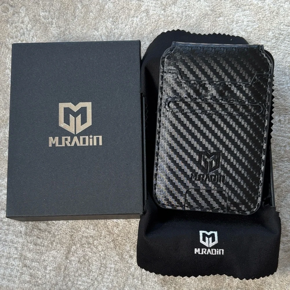 Brand New Muradin Black Carbon Fiber Minimalist Wallet RFID Blocking Card Holder